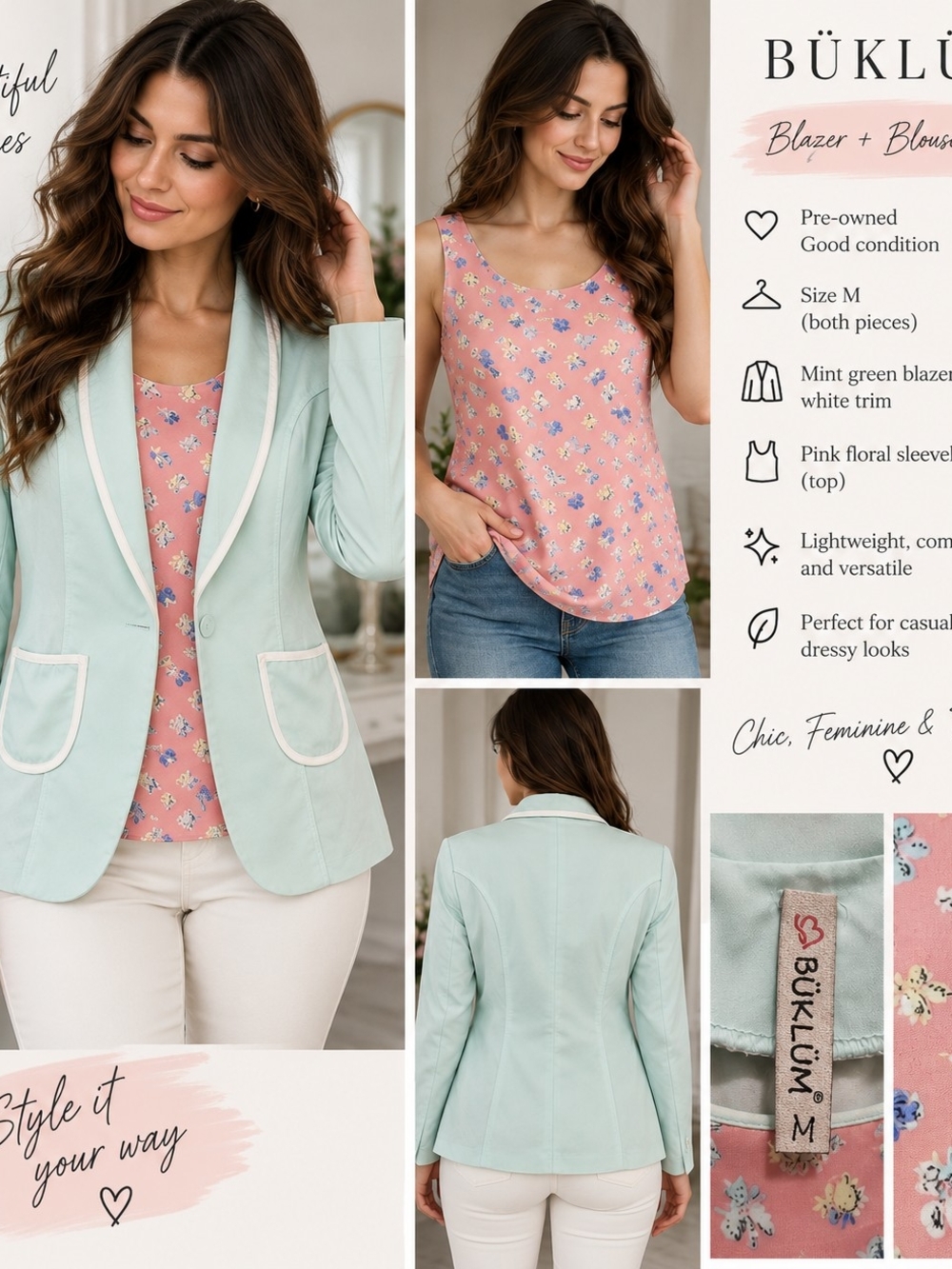Mint Green Blazer with White Trim - Women's Tailored Jacket